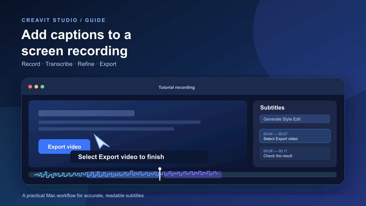 Illustration of a Mac screen recording with a spoken audio waveform becoming timed, readable captions in a video editor