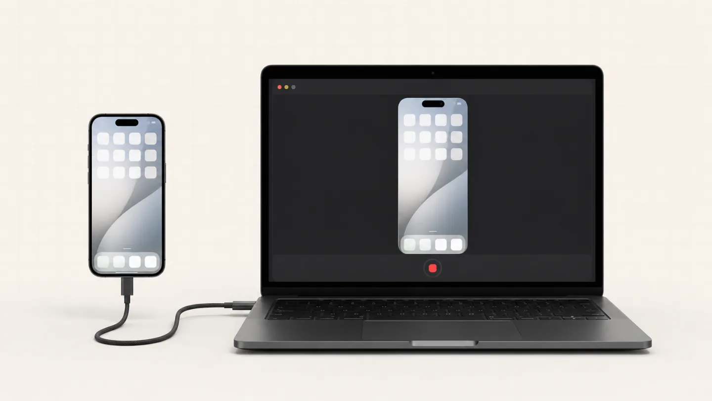 An iPhone connected by USB-C to a Mac while its screen appears in a recording window