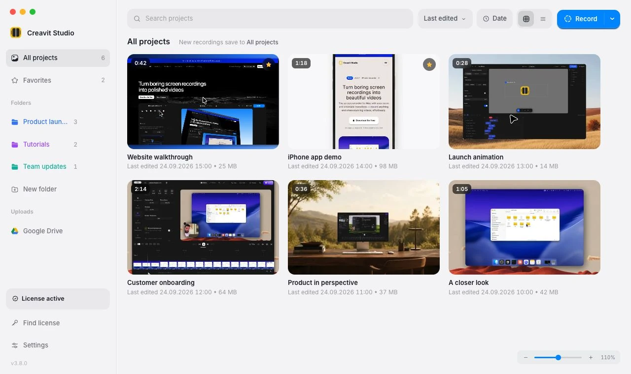 Creavit Studio Base with six project previews, Favorites, colored folders, search and the Uploads sidebar.