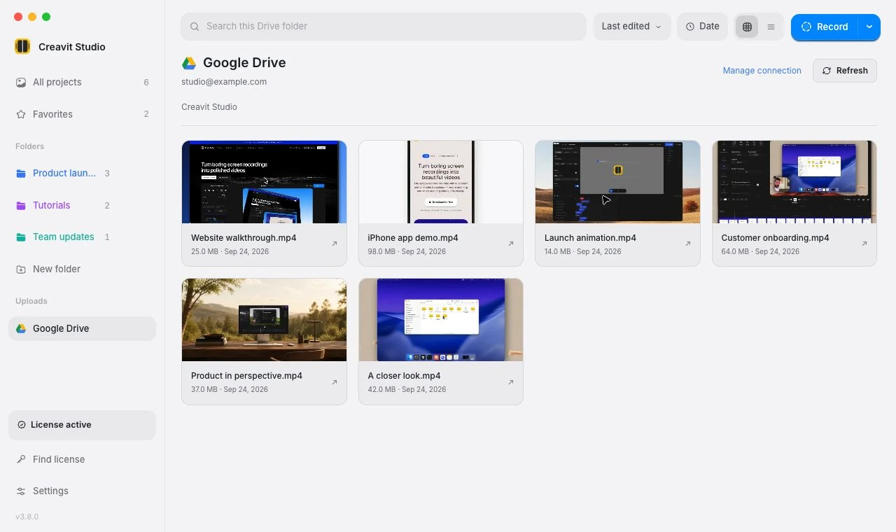 Google Drive selected under Uploads in Base, showing a library of exported MP4 videos with thumbnails.