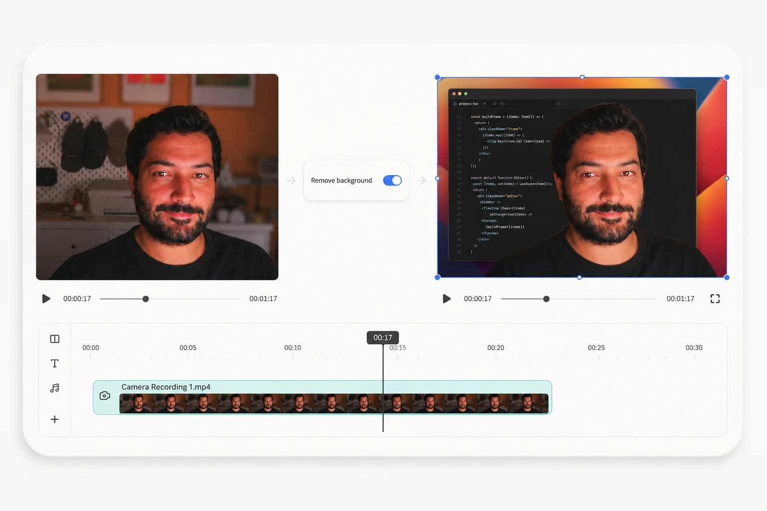 Before and after view of a camera background removed in the video editor