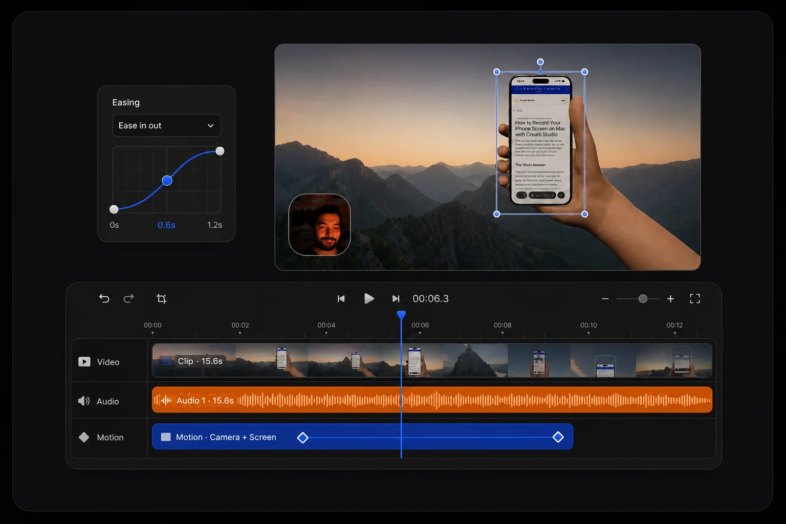 Creavit Studio timeline and motion controls in dark mode