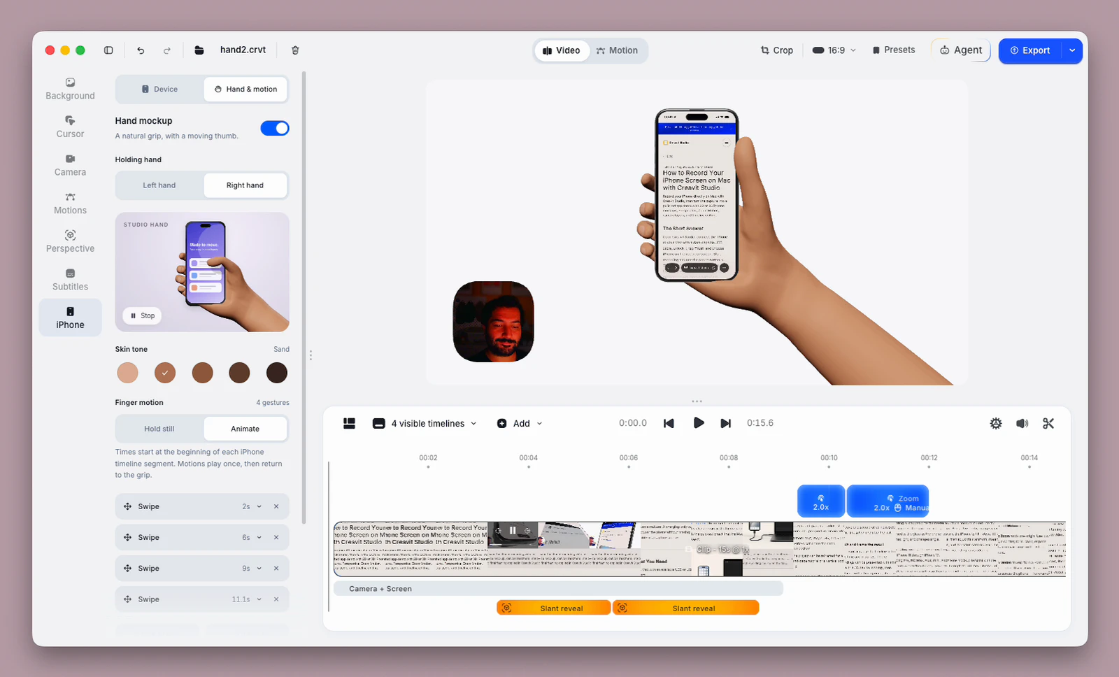 Animated hand controls for iPhone taps and swipe gestures