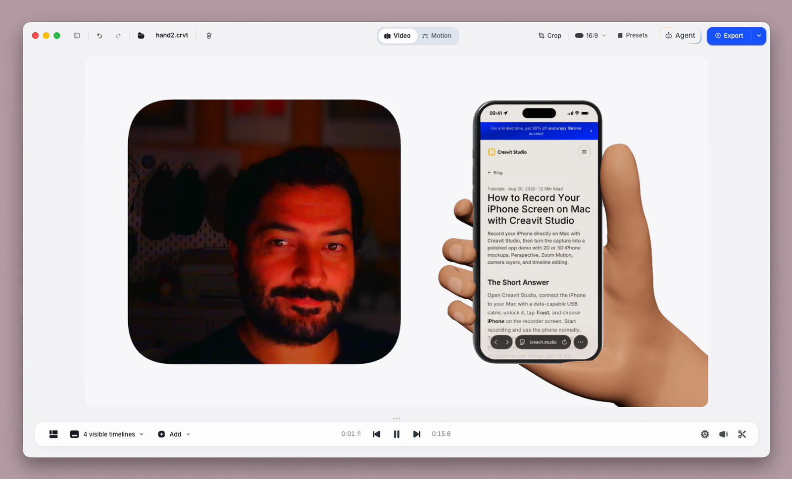 An iPhone app recording with a 3D hand and camera layer in the Creavit Studio editor