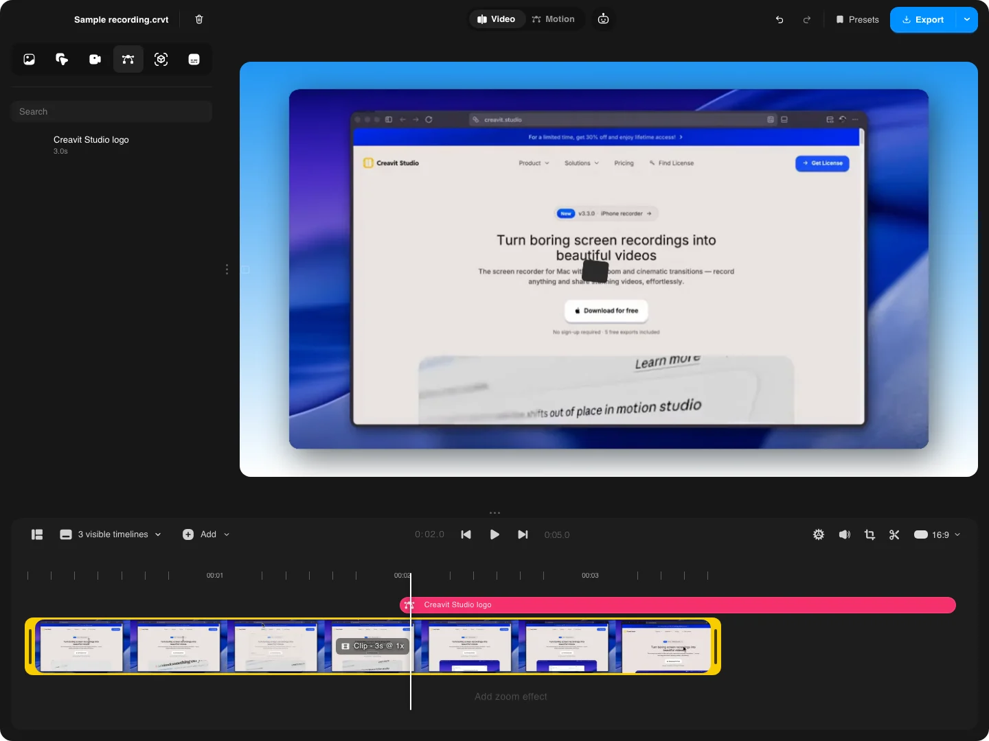 A motion title layered over a screen recording in Creavit Studio with a separate motion track