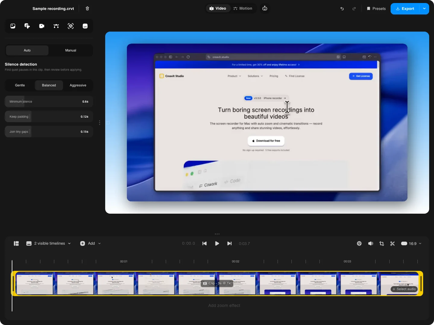 Creavit Studio Edit Audio panel showing silence detection sensitivity, minimum silence, padding, and gap controls